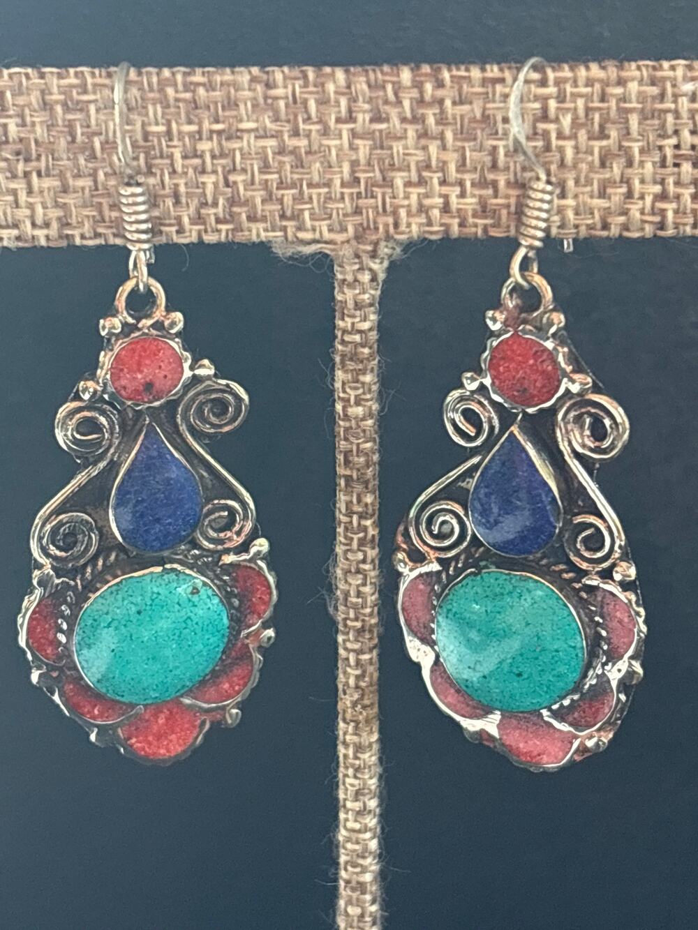 Tibetan Silver Turquoise Lapis Lazuli & Red Coral Dangle Earrings